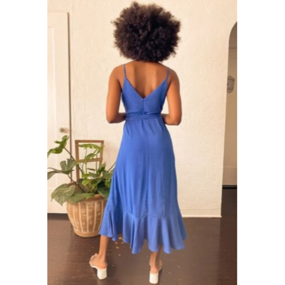 Lulus Manhattan Moment Blue Ruffled Midi Wrap Dress Size S - Picture 5 of 12